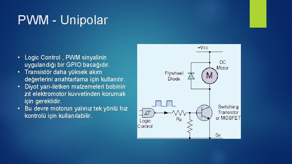 PWM - Unipolar • Logic Control , PWM sinyalinin uygulandığı bir GPIO bacağıdır. •