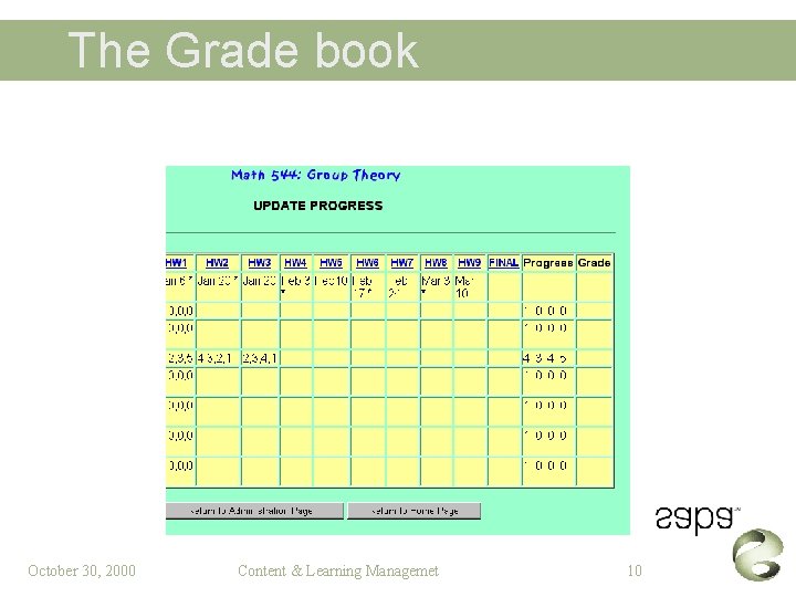 The Grade book October 30, 2000 Content & Learning Managemet 10 