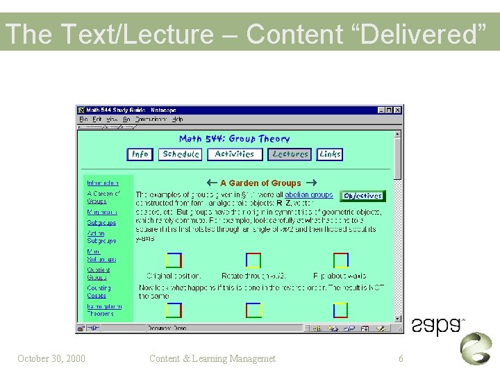 The Text/Lecture – Content “Delivered” October 30, 2000 Content & Learning Managemet 6 