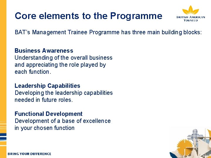 Core elements to the Programme BAT’s Management Trainee Programme has three main building blocks: