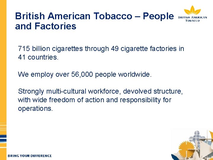 British American Tobacco – People and Factories 715 billion cigarettes through 49 cigarette factories