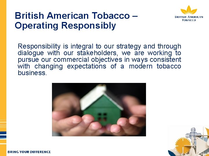 British American Tobacco – Operating Responsibly Responsibility is integral to our strategy and through
