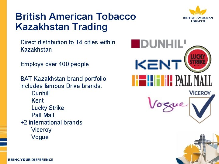British American Tobacco Kazakhstan Trading Direct distribution to 14 cities within Kazakhstan Employs over