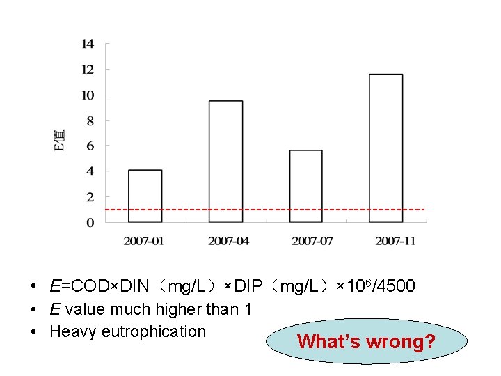  • E=COD×DIN（mg/L）×DIP（mg/L）× 106/4500 • E value much higher than 1 • Heavy eutrophication