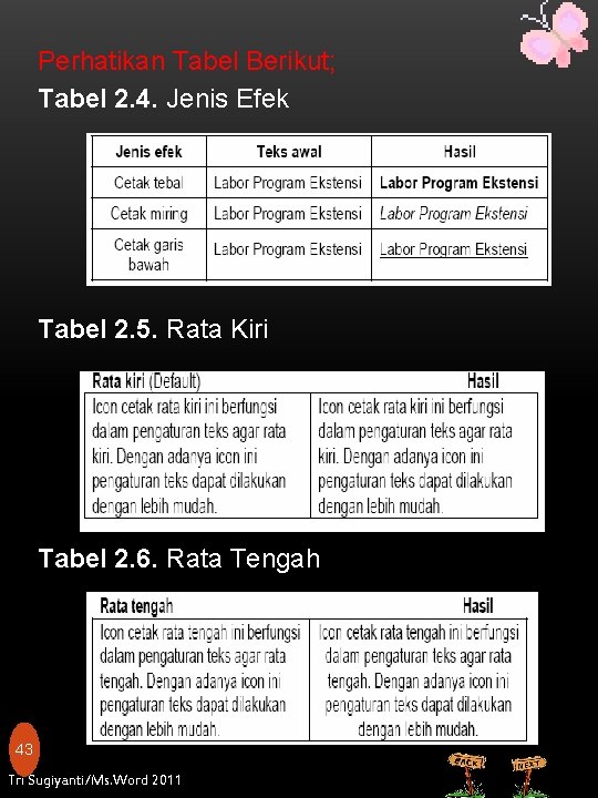 Perhatikan Tabel Berikut; Tabel 2. 4. Jenis Efek Tabel 2. 5. Rata Kiri Tabel