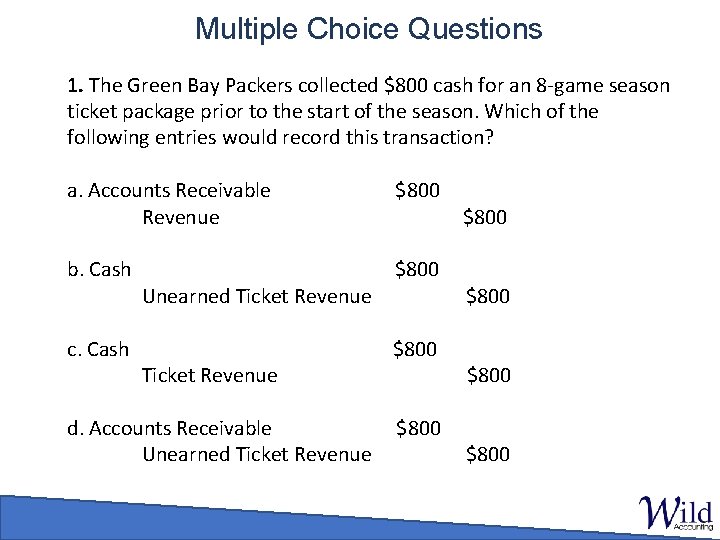 Multiple Choice Questions 1. The Green Bay Packers collected $800 cash for an 8