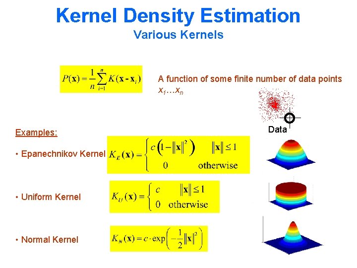 Kernel Density Estimation Various Kernels A function of some finite number of data points