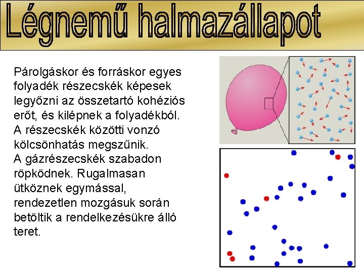 Párolgáskor és forráskor egyes folyadék részecskék képesek legyőzni az összetartó kohéziós erőt, és kilépnek Párolgáskor és forráskor egyes folyadék részecskék képesek legyőzni az összetartó kohéziós erőt, és kilépnek