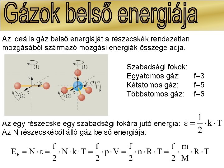 Az ideális gáz belső energiáját a részecskék rendezetlen mozgásából származó mozgási energiák összege adja. Az ideális gáz belső energiáját a részecskék rendezetlen mozgásából származó mozgási energiák összege adja.