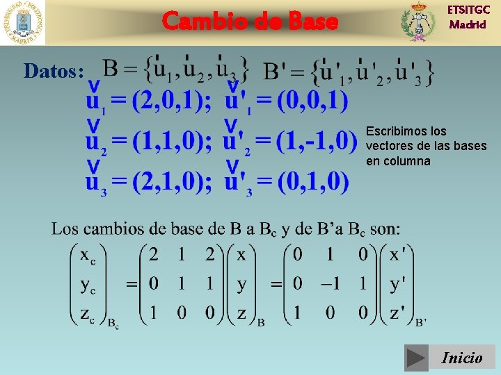 Cambio de Base ETSITGC Madrid Datos: Escribimos los vectores de las bases en columna