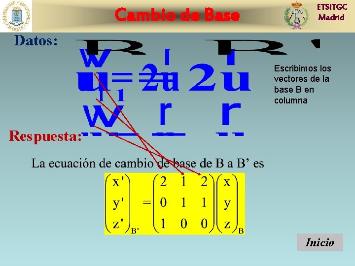 Cambio de Base ETSITGC Madrid Datos: Escribimos los vectores de la base B en