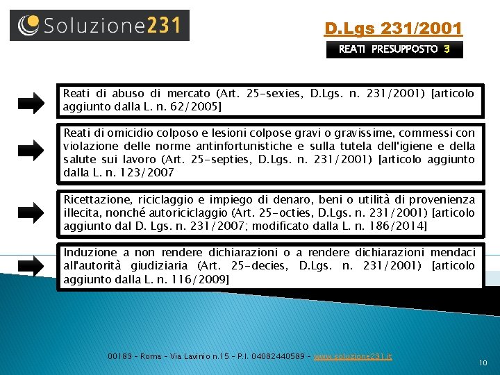 D. Lgs 231/2001 REATI PRESUPPOSTO 3 Reati di abuso di mercato (Art. 25 -sexies,