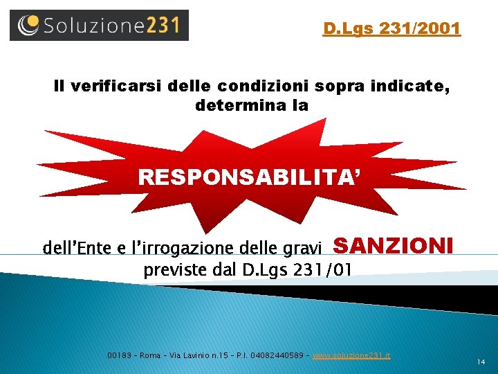 D. Lgs 231/2001 Il verificarsi delle condizioni sopra indicate, determina la RESPONSABILITA’ dell’Ente e