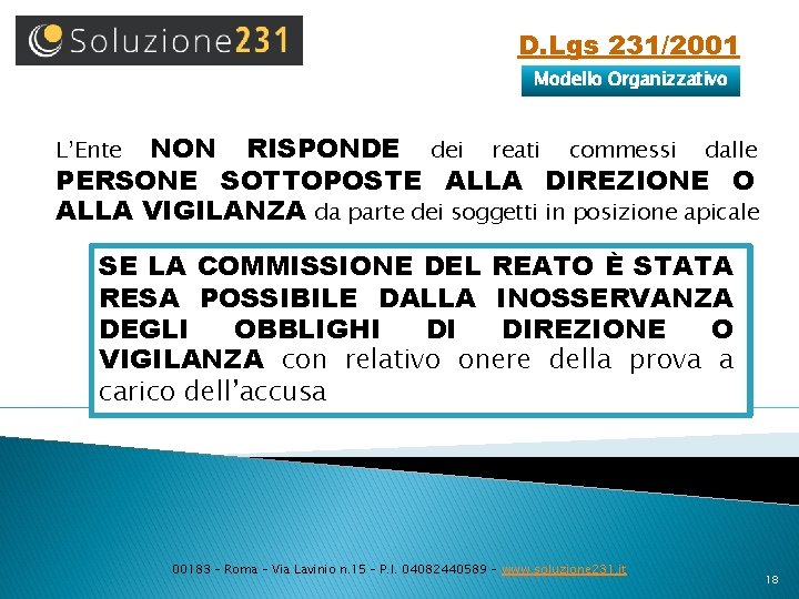 D. Lgs 231/2001 Modello Organizzativo NON RISPONDE dei reati commessi dalle PERSONE SOTTOPOSTE ALLA