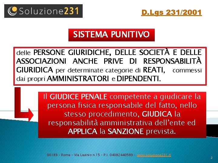 D. Lgs 231/2001 SISTEMA PUNITIVO PERSONE GIURIDICHE, DELLE SOCIETÀ E DELLE ASSOCIAZIONI ANCHE PRIVE