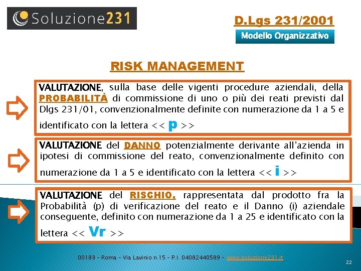 D. Lgs 231/2001 Modello Organizzativo RISK MANAGEMENT VALUTAZIONE, sulla base delle vigenti procedure aziendali,