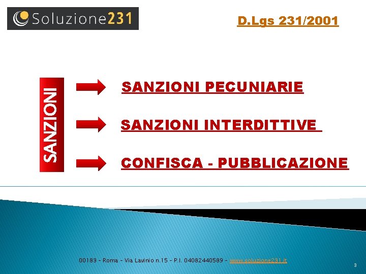 SANZIONI D. Lgs 231/2001 SANZIONI PECUNIARIE SANZIONI INTERDITTIVE CONFISCA - PUBBLICAZIONE 00183 – Roma