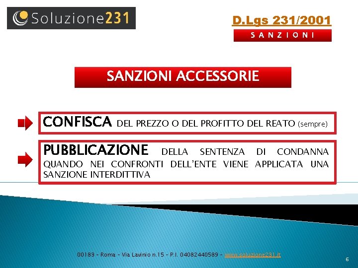 D. Lgs 231/2001 S A N Z I O N I SANZIONI ACCESSORIE CONFISCA