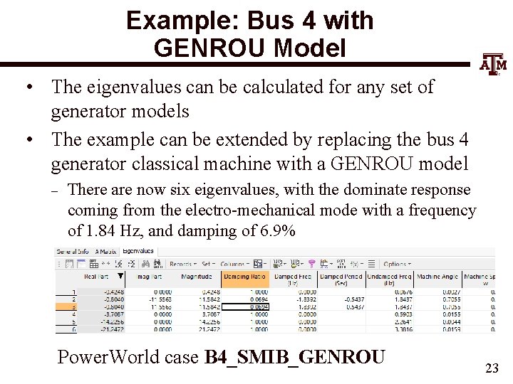 Example: Bus 4 with GENROU Model • The eigenvalues can be calculated for any