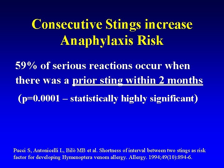 Consecutive Stings increase Anaphylaxis Risk 59% of serious reactions occur when there was a