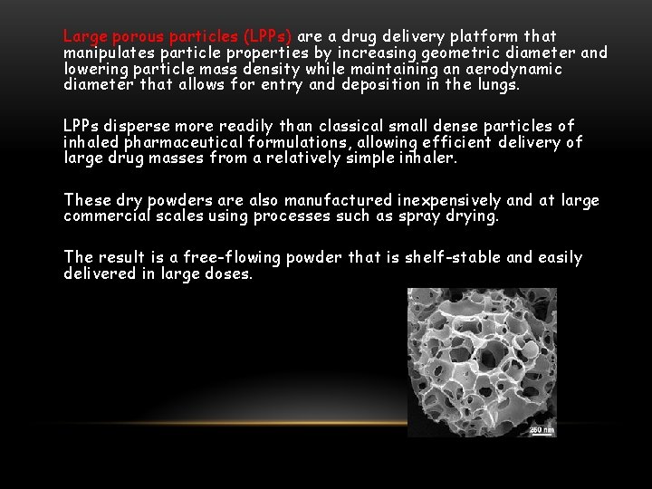 Large porous particles (LPPs) are a drug delivery platform that manipulates particle properties by