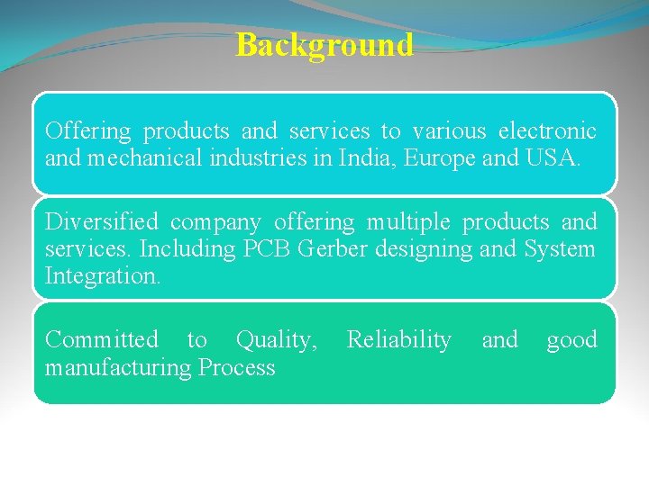 Background Offering products and services to various electronic and mechanical industries in India, Europe