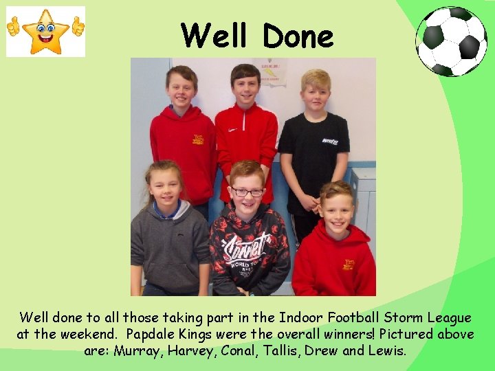Well Done Well done to all those taking part in the Indoor Football Storm
