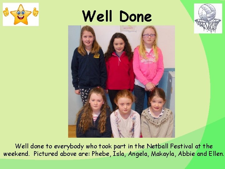 Well Done Well done to everybody who took part in the Netball Festival at