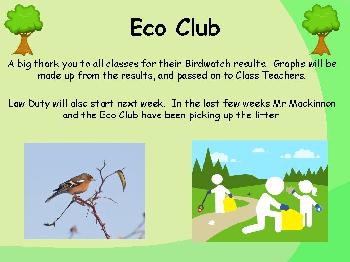 Eco Club A big thank you to all classes for their Birdwatch results. Graphs