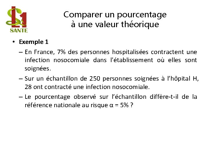 Comparer un pourcentage à une valeur théorique • Exemple 1 – En France, 7%