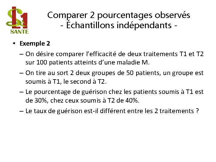 Comparer 2 pourcentages observés - Échantillons indépendants • Exemple 2 – On désire comparer