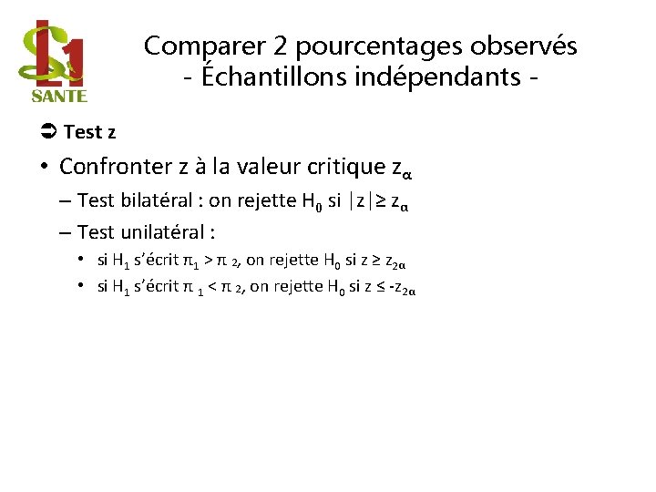 Comparer 2 pourcentages observés - Échantillons indépendants Test z • Confronter z à la