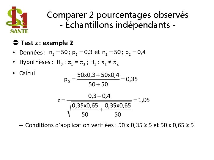 Comparer 2 pourcentages observés - Échantillons indépendants Test z : exemple 2 • Données