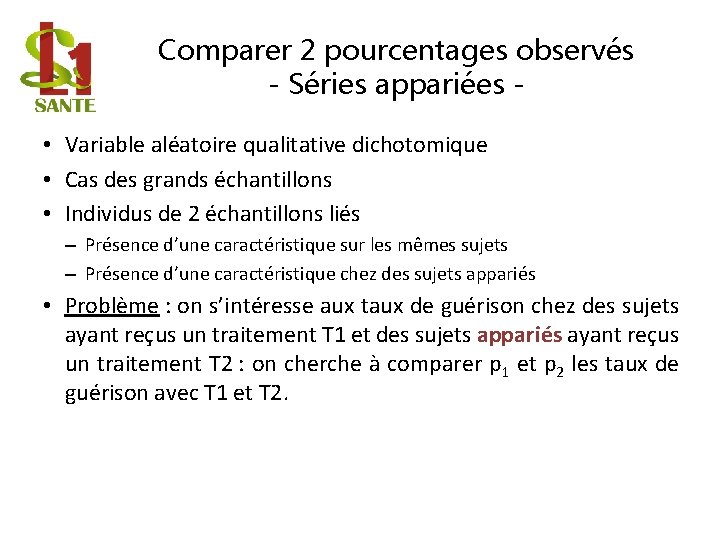 Comparer 2 pourcentages observés - Séries appariées • Variable aléatoire qualitative dichotomique • Cas