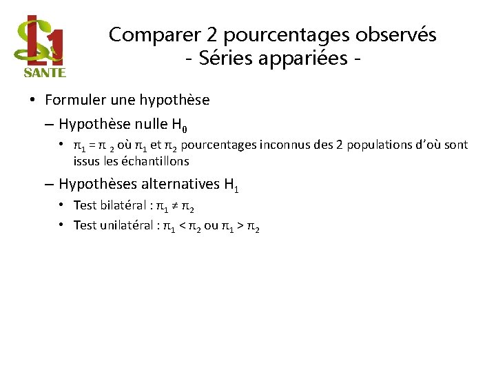 Comparer 2 pourcentages observés - Séries appariées • Formuler une hypothèse – Hypothèse nulle