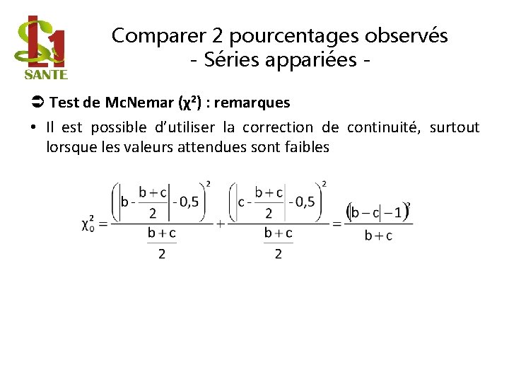 Comparer 2 pourcentages observés - Séries appariées Test de Mc. Nemar (χ2) : remarques