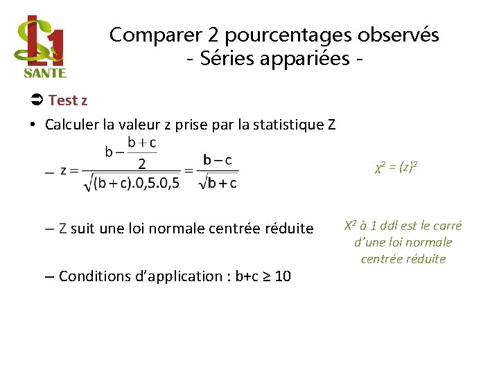 Comparer 2 pourcentages observés - Séries appariées Test z • Calculer la valeur z