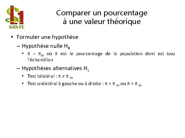 Comparer un pourcentage à une valeur théorique • Formuler une hypothèse – Hypothèse nulle