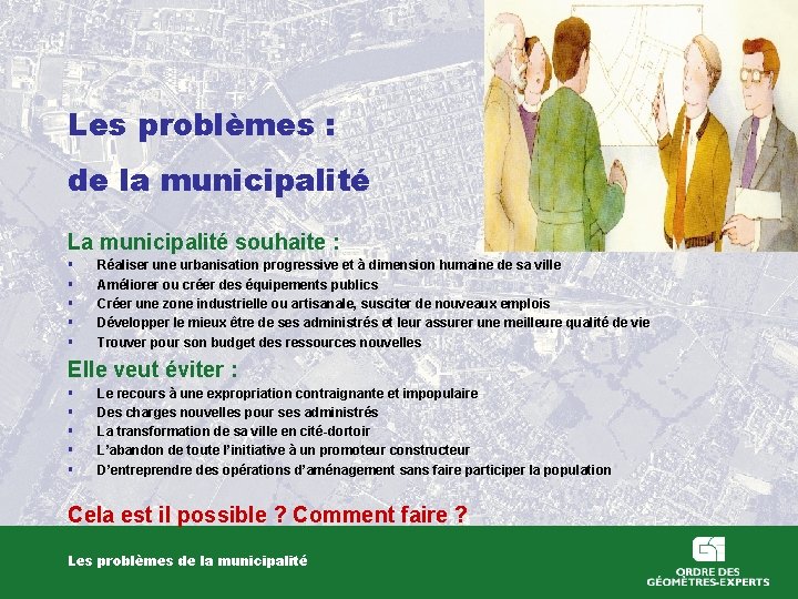 Les problèmes : de la municipalité La municipalité souhaite : § § § Réaliser