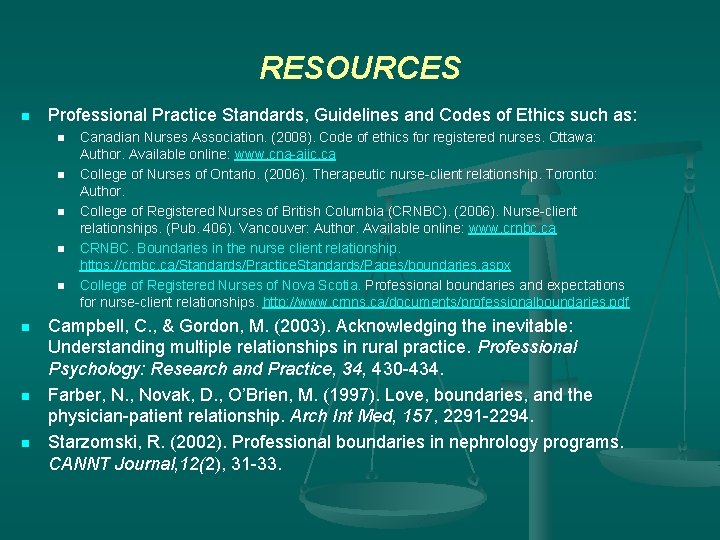 RESOURCES n Professional Practice Standards, Guidelines and Codes of Ethics such as: n n