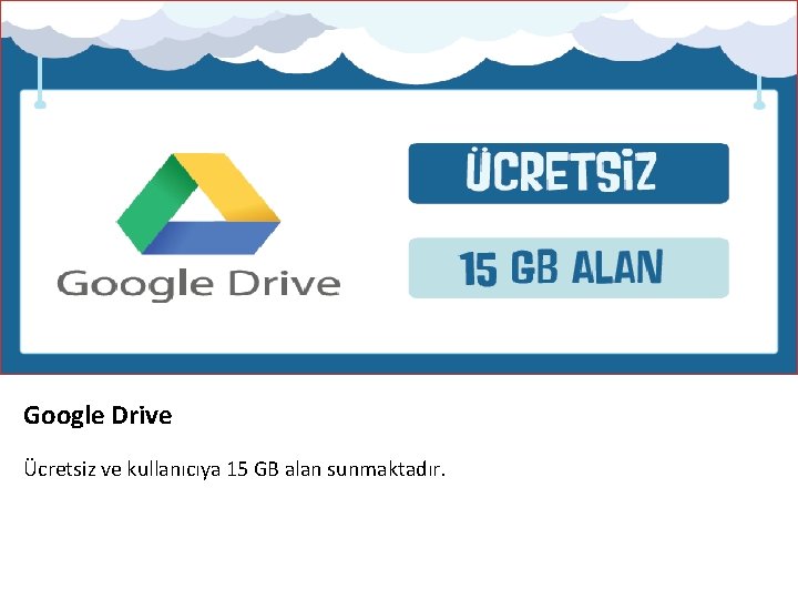 Google Drive Ücretsiz ve kullanıcıya 15 GB alan sunmaktadır. 