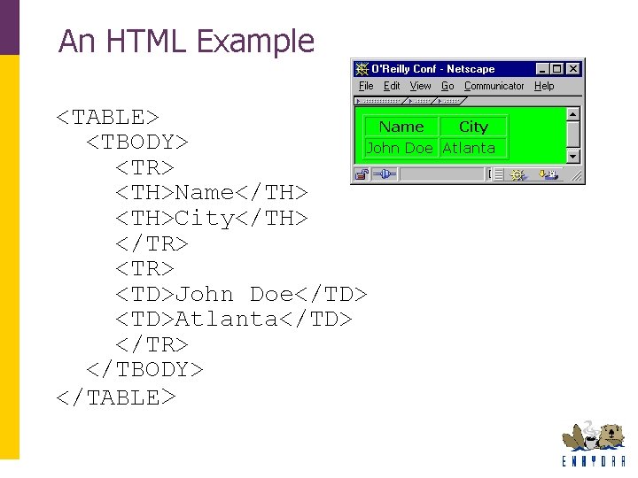 An HTML Example <TABLE> <TBODY> <TR> <TH>Name</TH> <TH>City</TH> </TR> <TD>John Doe</TD> <TD>Atlanta</TD> </TR> </TBODY> An HTML Example <TABLE> <TBODY> <TR> <TH>Name</TH> <TH>City</TH> </TR> <TD>John Doe</TD> <TD>Atlanta</TD> </TR> </TBODY>