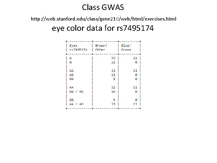 Class GWAS http: //web. stanford. edu/class/gene 210/web/html/exercises. html eye color data for rs 7495174