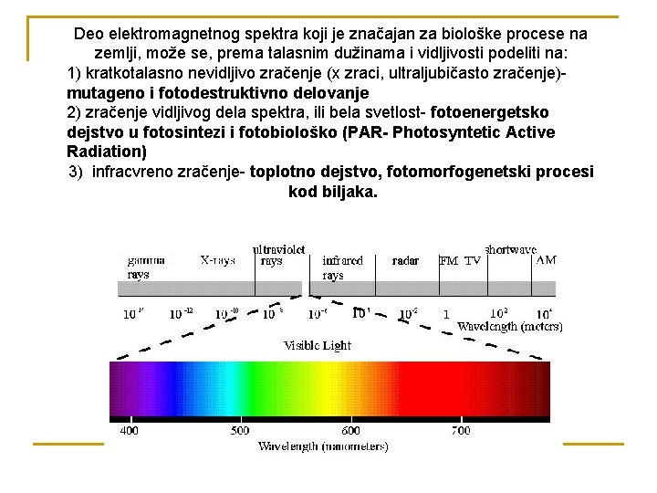 Deo elektromagnetnog spektra koji je značajan za biološke procese na zemlji, može se, prema