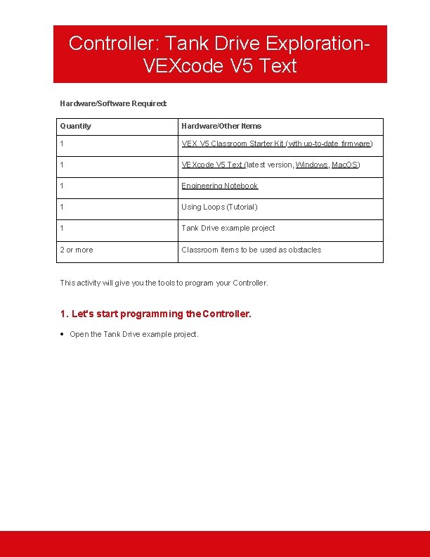 Controller: Tank Drive Exploration. VEXcode V 5 Text Hardware/Software Required: Quantity Hardware/Other Items 1