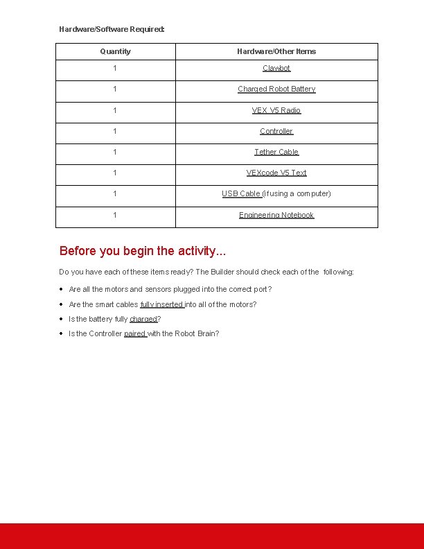 Hardware/Software Required: Quantity Hardware/Other Items 1 Clawbot 1 Charged Robot Battery 1 VEX V