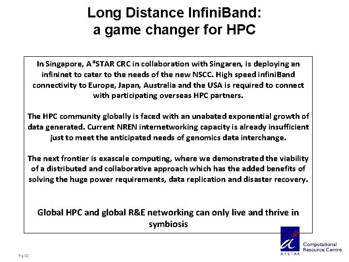 Long Distance Infini. Band: a game changer for HPC In Singapore, A*STAR CRC in