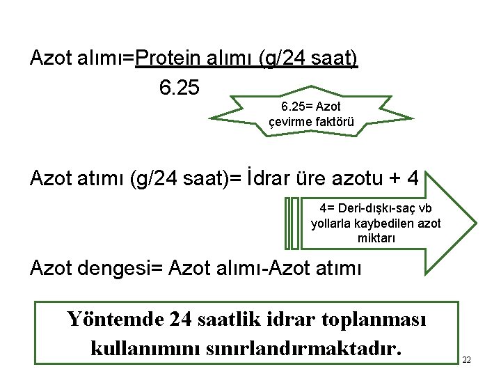 Azot alımı=Protein alımı (g/24 saat) 6. 25= Azot çevirme faktörü Azot atımı (g/24 saat)=