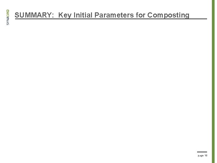 SUMMARY: Key Initial Parameters for Composting page 16 