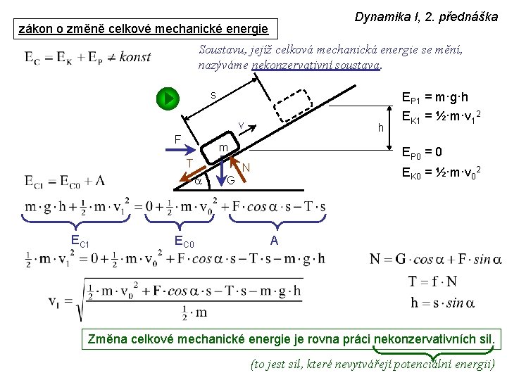 Dynamika I, 2. přednáška zákon o změně celkové mechanické energie Soustavu, jejíž celková mechanická